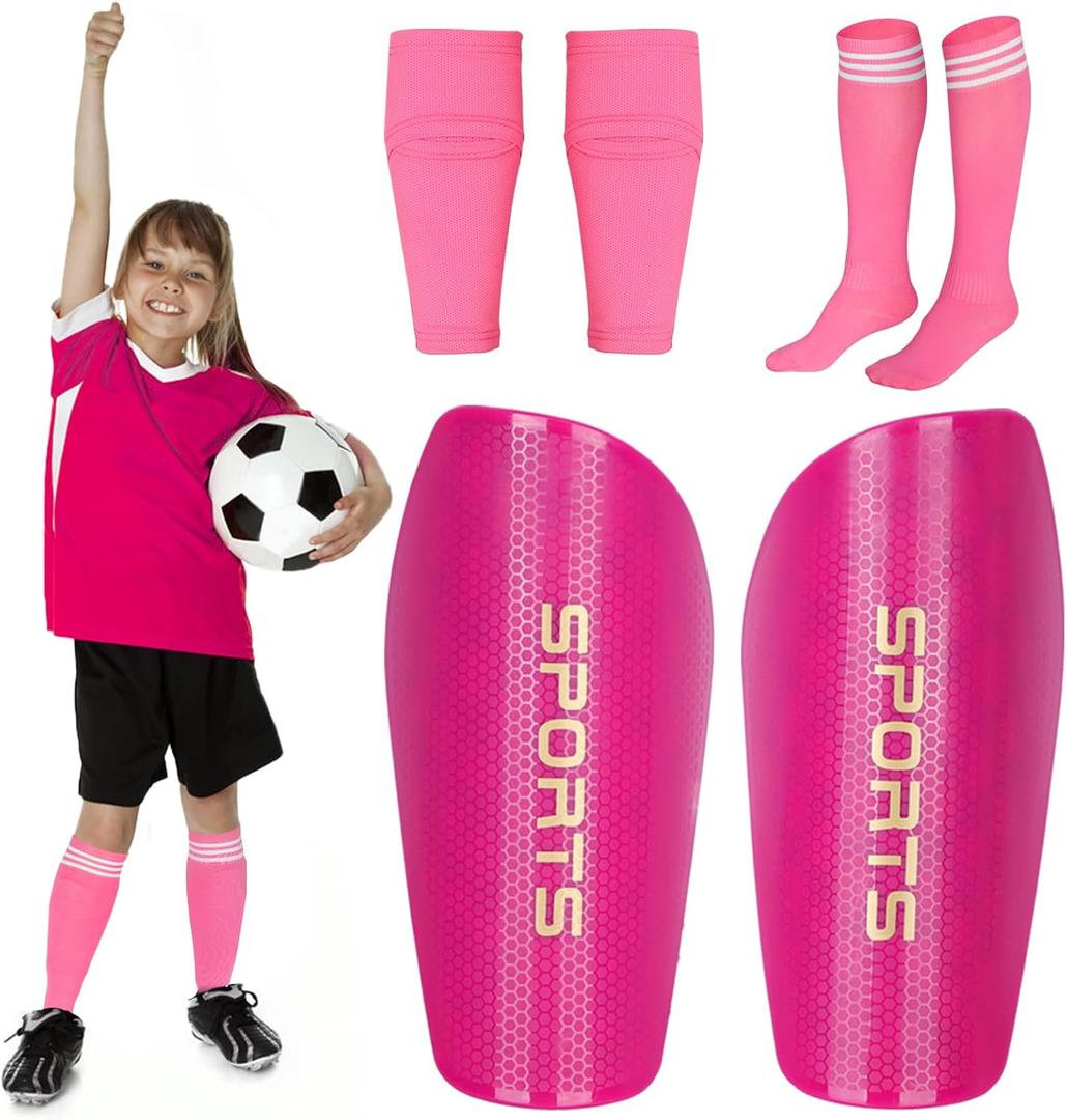 Soccer Shin Guards for Kids Adults, Toddler Shin Pads Set with Sleeves and Long Soccer Socks for Age 2-16 Boys & Girls, Youth &Men, Lightweight Soccer Equipment (M(Kids, 5-8 years, Rose Red)