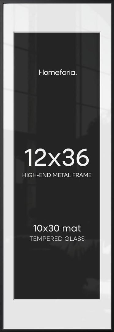 Homeforia 12x36 Black Picture Frame, High-End Metal, 10x30 Mat, Glass