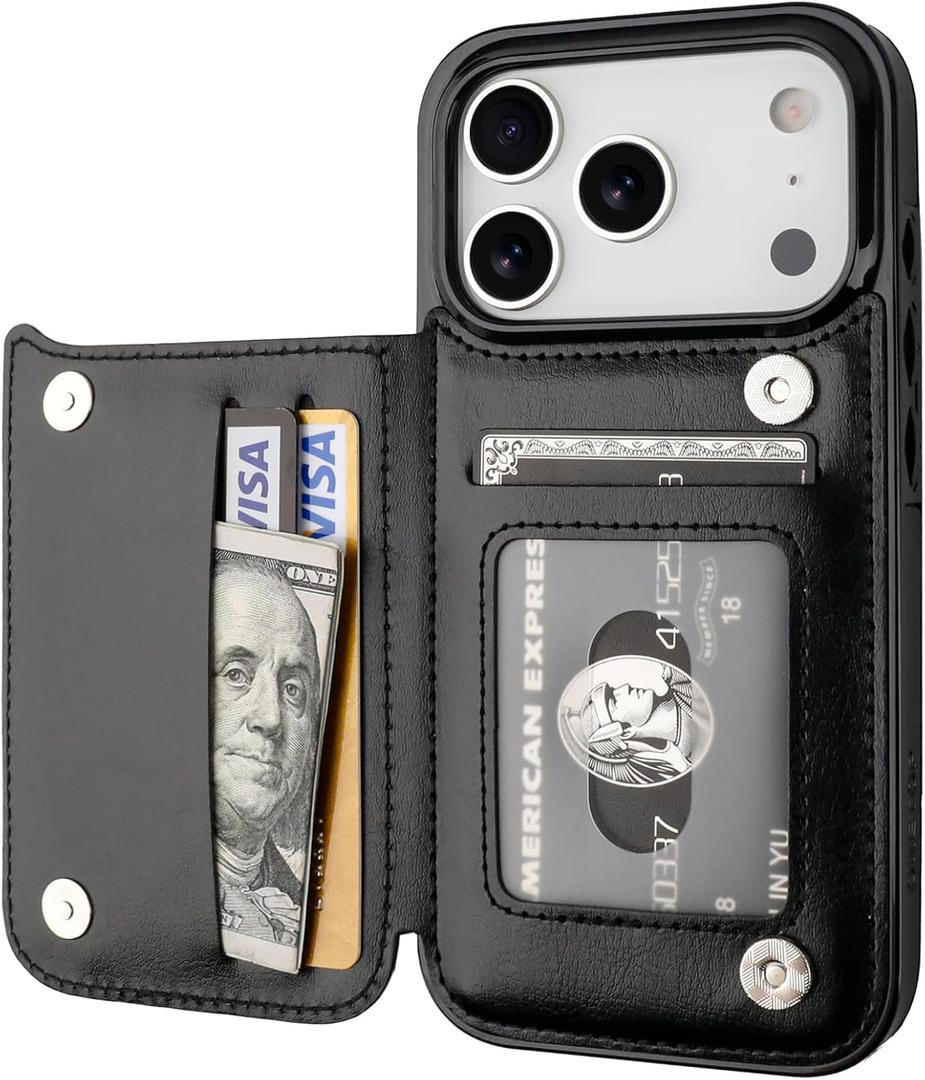 ONETOP Compatible with iPhone 17 Pro Wallet Case with Card Holder, PU Leather Kickstand Card Slots Case, Double Magnetic Clasp and Durable Shockproof Cover 6.3 Inch (Black)