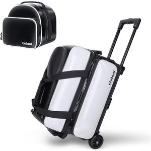 2 Ball Bowling Bag with Wheels + 1 Ball Color Matching Add On Tote,Rolling 3 Ball Bowling Bag with Shoe Compartment (White)