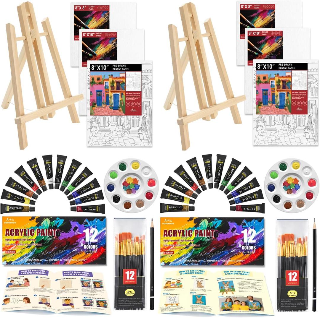 2 Pack Painting Set for Couples or Family Groups, 62 PCS Paint Set with 2 Table Easels,24 Acrylic Paints,6 Pre-Drawn & Blank Canvases for Painting,24 Brushes,2 Pencils,2 Palettes and Painting Guides, Standard