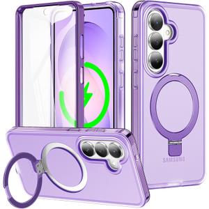 for Samsung Galaxy S26 Case with Magnetic Invisible Stand[Compatible with MagSafe] with Screen Protector Dual Layer Full Body Military Shockproof Translucent Phone Cover-Purple