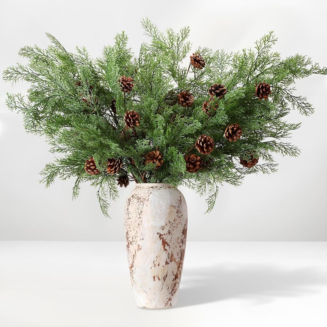 12 Pcs 39 Inch Christmas Artificial Pine Branches with Pine Cones Stems Real Touch Faux Cedar Branches Fake Greenery Needles Picks for Vase DIY Craft Garland Wreath Home Decorations