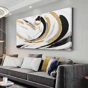 AERART Abstract Wall Art White and Gold Wave Lines Canvas Print Artwork Abstract Wall Decor Paintings for Living Room Bedroom Office Home Decor 20x40 Inch