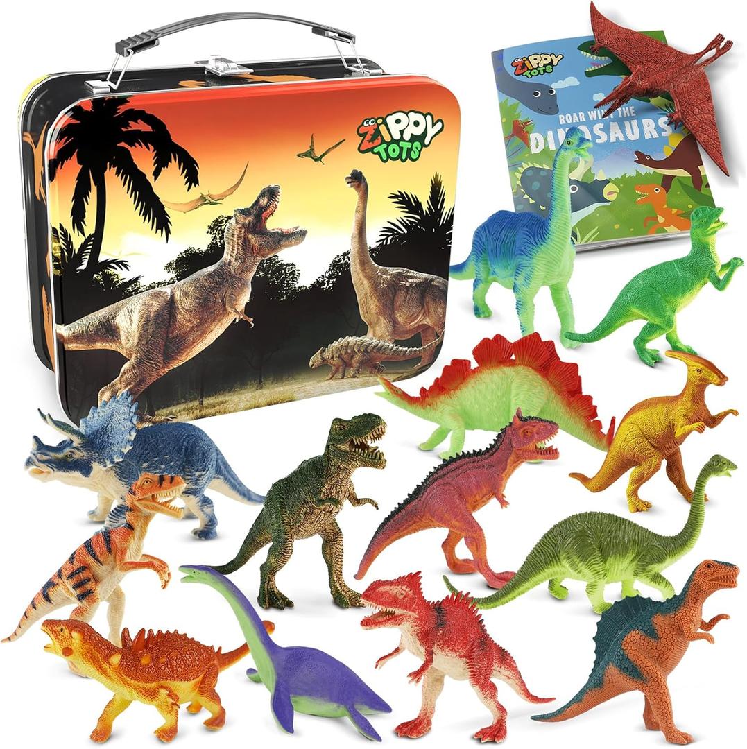 Dinosaur Toys for Kids 3-5-7-14 Realistic Plastic Dinosaur Figures with Metal Storage Box & Learning Booklet - Educational Dino Figure Toys for Boys Girls Toddlers