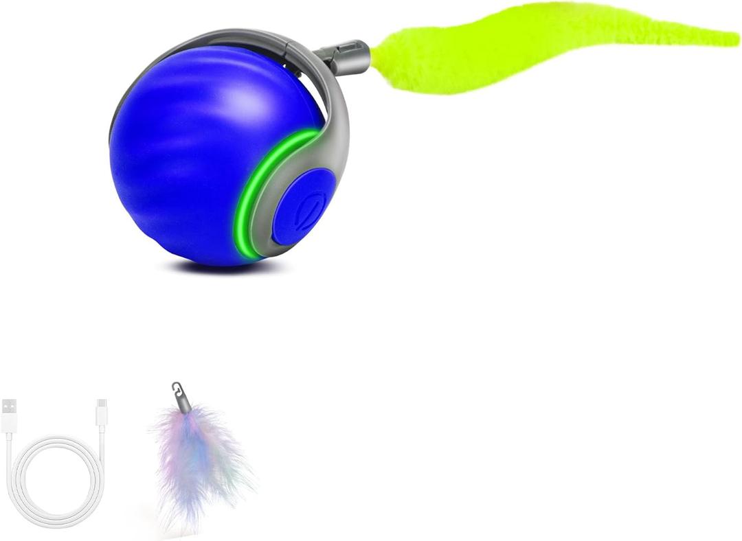 Speedy Tail 2.0 Interactive Cat Toy  Smart Self-Rolling Cat Ball with Feather Tail, Automatic Moving Motorized Toy for Indoor Cats, Chasing & Hunting Fun (Blue)
