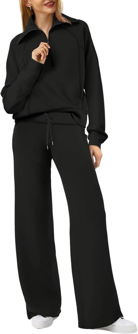 XIEERDUO Lounge Sets For Women 2024 Half Zip Sweatshirt And Wide Leg Sweatpant 2 Piece Outfits Sweatsuit Tracksuit (Large, 01-black)