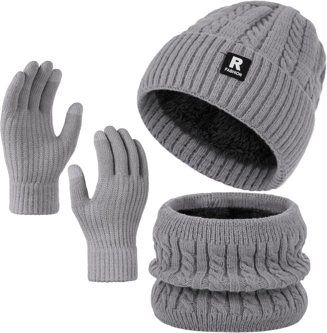 Winter Beanie Hat Scarf Gloves Set for Men Women, Slouchy Mens Winter Clothes Hats Neck Warmer Touchscreen Gloves (Light Grey)
