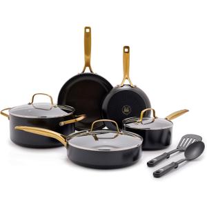 Blue Diamond Gold 10 Piece Cookware Pots and Pans Set, Induction Suitable, Diamond Infused PFAS-Free Ceramic Nonstick, Durable, Metal Utensil Safe, Dishwasher Safe, Gold Handle, Black
