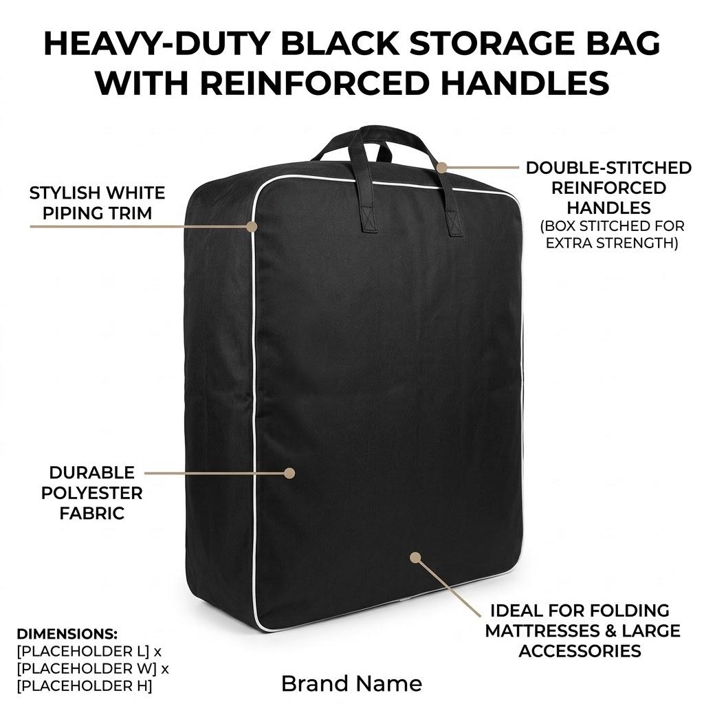 Heavy-Duty Black Folding Mattress & Equipment Travel Storage Bag with Reinforced Handles & White Piping trim, Large 