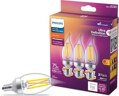 Philips LED 75W BA11 E12 or E26 Adapter Base 2-Pack Ultra Definition Daylight (5000K) 700 Lumen (5.5W = 75W) Dimmable Flicker-Free Candelabra Light Bulbs