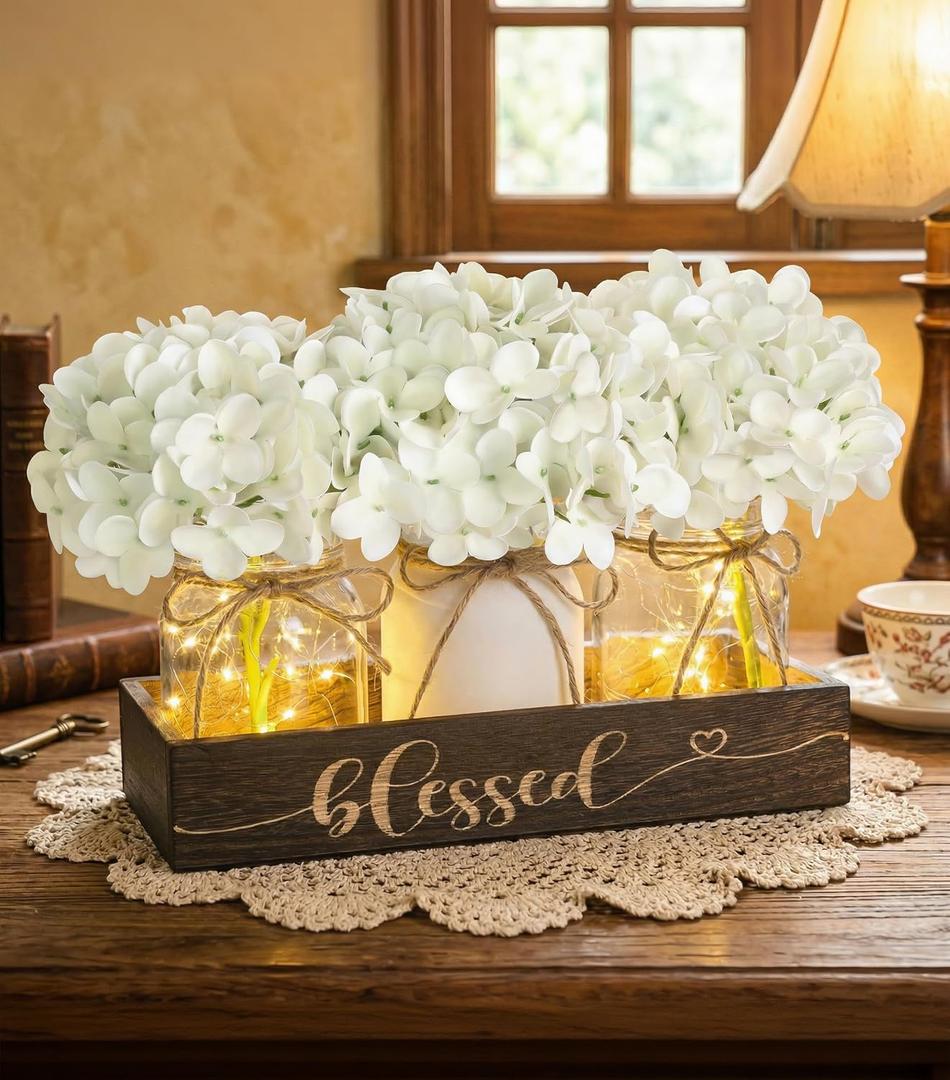 Farmhouse Mason Jar Table Centerpiece with White Hydrangea Flowers, Lighted Artificial Floral Arrangement with Wood Tray, Rustic Table Decor for Kitchen Coffee Table Living Room Home