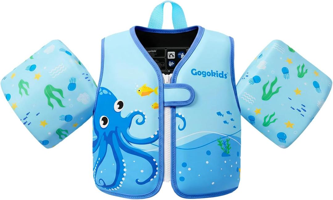 Gogokids Toddler Swim Vest Pool Floats for Kids 30-40-50-60-70 lbs, Kids Swimming Jacket[Stable Buoyancy & Comfort Wear] Puddle Float Jumper Swim Arm Floaties Bands Water Wings for Boys Girls Swimmies (Fit 2-3 Years, 33-42 Pounds, Blue Octopus)