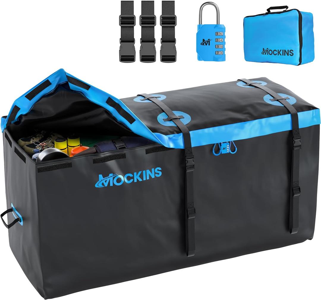 Mockins 25 Cu.Ft. Large Trailer Hitch Cargo Carrier Bag | 60"x24"x31" Soft-Shell Vinyl Cargo Bag for Hitch Carrier | Weatherproof Car Storage Bag | Waterproof Truck Bed Storage Set w/Accessories (25 Cubic Feet - 60"x31"x24")