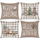 Lanpn 16x16 Christmas Throw Pillow Covers Set of 4, Brown Merry Christmas Pillow Covers, Xmas Tree Pillowcase Holiday Pillow Case Decorative Cushion Cover for Room Couch Sofa Home Decor