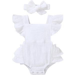 YOUNGER TREE Toddler Baby Girl Ruffled Sleeveless Romper Casual Summer Jumpsuit Cotton Linen Clothes (White) 3-6 months