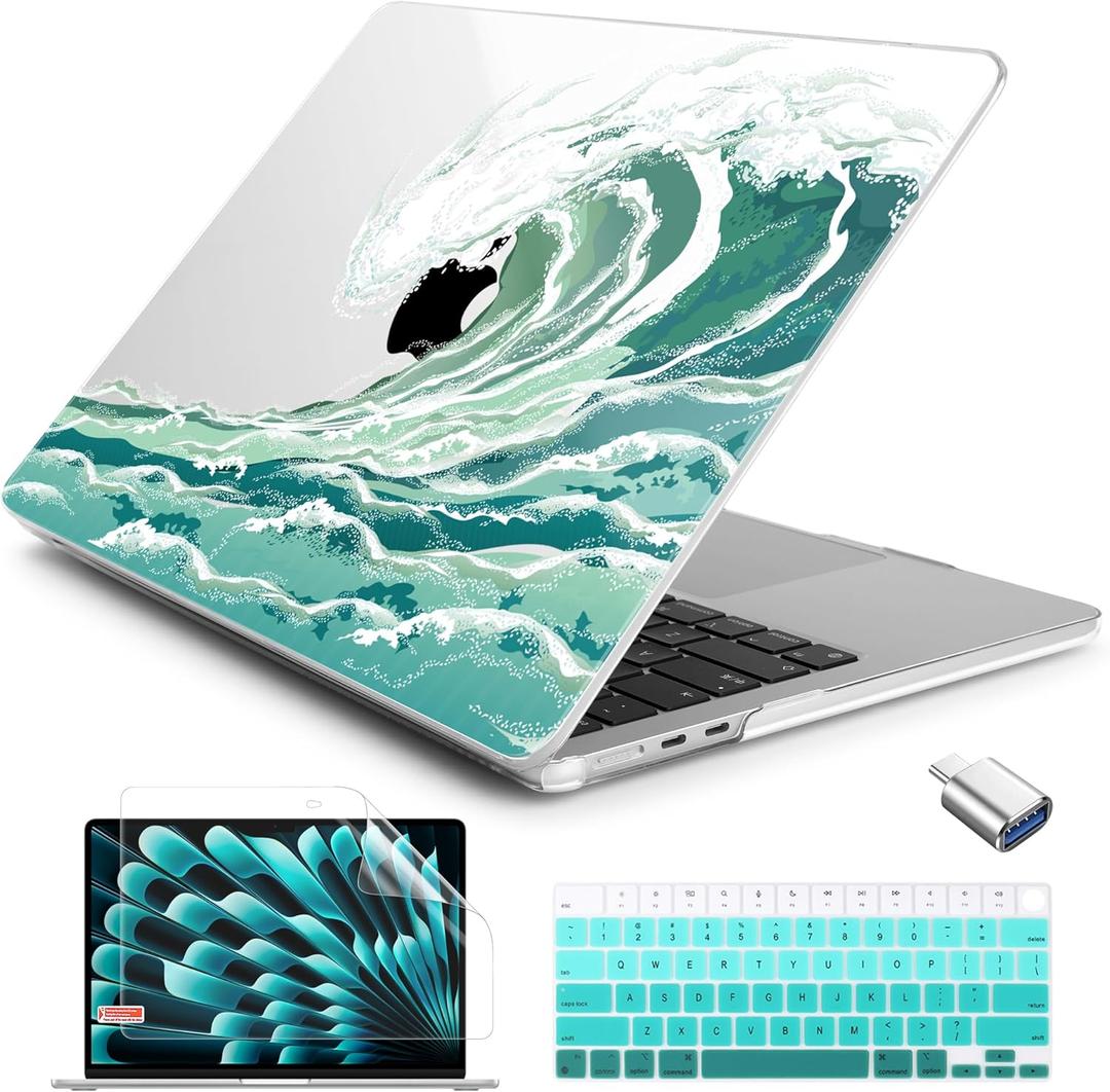 Batianda for New MacBook Air 13.6 inch Case with M4 M3 M2 Chip 2025 2024 2022 Release Model A3240/A2681/A3113 Designed Protective Plastic Hardshell & Keyboard Cover & Screen Protector, Waves