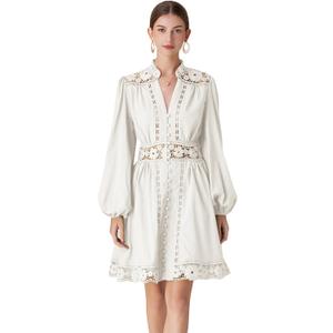 LAI MENG FIVE CATS Women's V-Neck Elegant Lace Long Sleeve Lantern Sleeve Button up Casual Mini Dress (Medium, White)