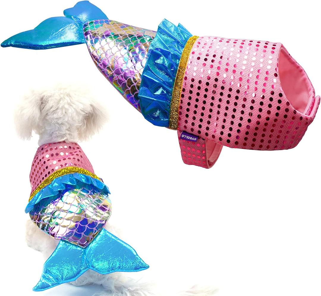 cyeollo Dog Costume Mermaid Costumes for Small Dogs Halloween Outfit Holiday Birthday Party Dog Clothes Outfits Sparkly Pet Costumes Size M (Medium, Pink)