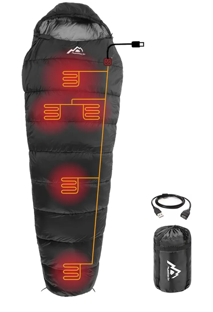 Heated Sleeping Bag 5pcs Multi USB Power Support Heating Pads,Operated with Battery Power Bank or Other USB Power Supplies, Portable Compact Bag, Mummy Style.