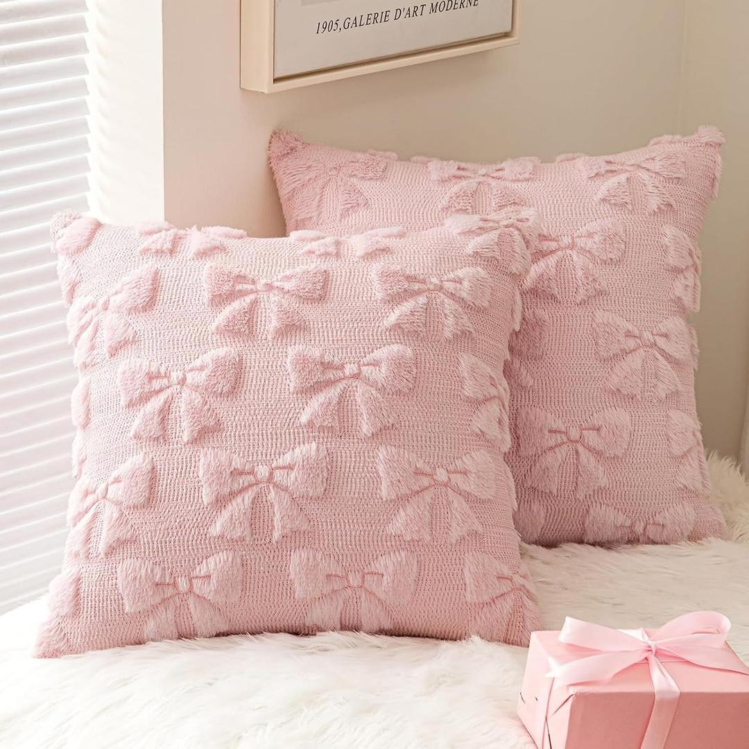 Pink Bow Pillow Covers Set of 2, Valentines Throw Pillow Covers 18 x 18 Inch, Decorative Pillow Cover, Soft Plush 3D Bow Couch Pillow Cover, Cute Anniversary Wedding Cushion Case for Sofa Couch Decor