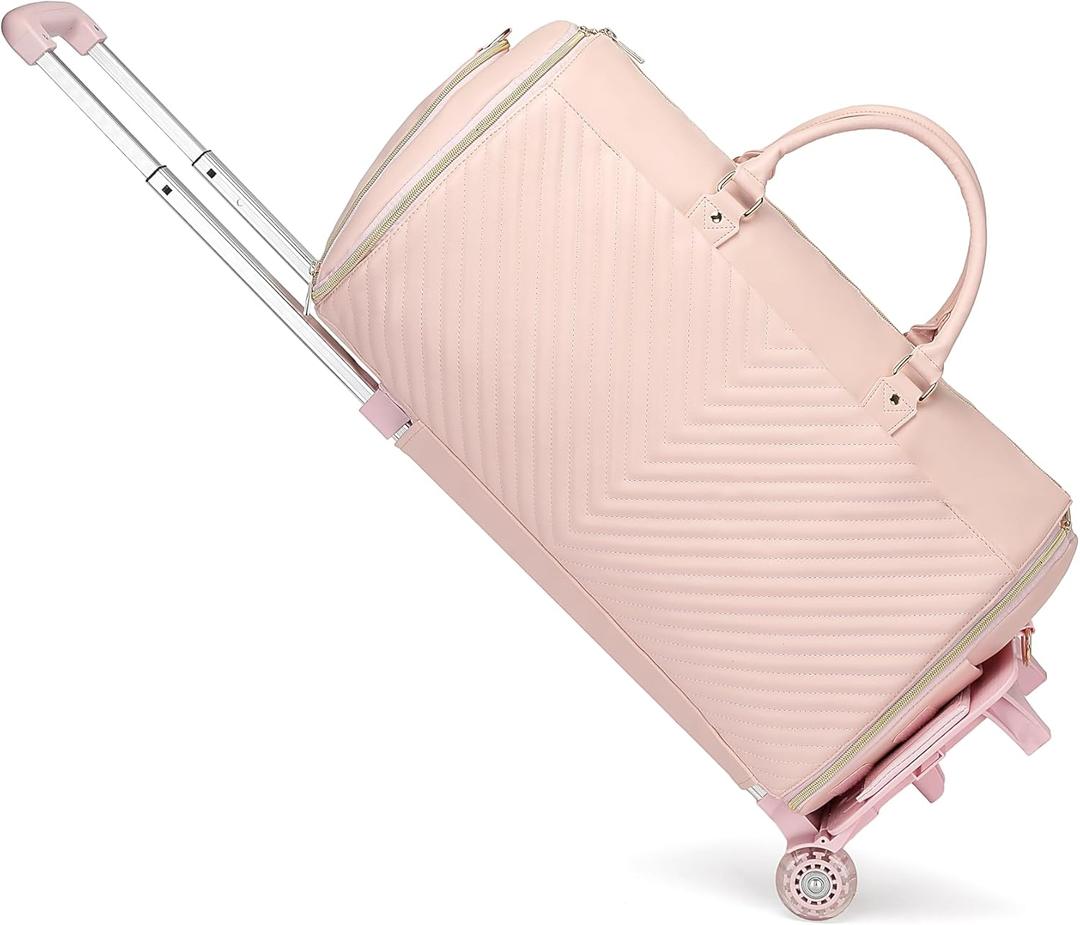 Pro Rolling Garment Bag - Detachable Handle & Extended Base, Waterproof PVC Leather with Shoe/Cosmetic Pockets, Silent Wheels for Air Travel/Weddings (48.5" Hanging System)Pink