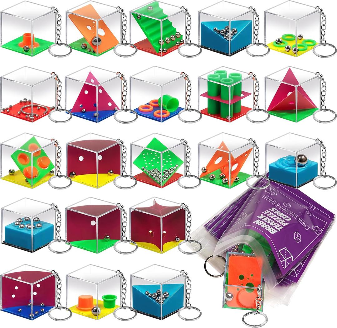 Brain Teaser Puzzle Cubes on Keychain (24 Pack) - Mini Maze Toys for Kids, Unique Party Favors, Goodie Bag Fillers, Treasure Box Classroom Rewards, Bulk Small Toys for Boys & Girls