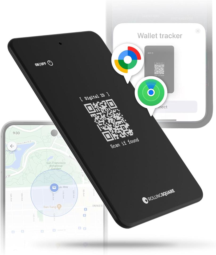 Rolling Square AirCard Dual - Bluetooth Wallet Tracker - Compatibile with Both Apple iOS Find My and Google Android Find Hub  Wireless Charging, Anti-Loss Card  Smart Locator, Black