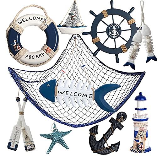 10 PCS Wood Coastal Wall Hanging Ornament Decoration, Nautical Mediterranean Style Beach Wooden Lighthouse, Anchor, Boat, Rudder, Oar, Life Ring, Ship, Starfish, Fishing Nets, Steering Wheel Sailing Home Decor
