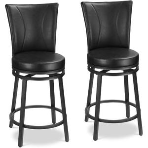 Bar Stools Set of 2, Counter Height Swivel Bar Chair with High Backrest, 24 inch Round Seat Barstools for Kitchen Island, Pub, Metal Base, Upholstered PU Leather Dining Chairs Black