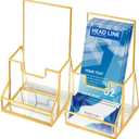 Fuyoooo 2 Pcs 4 Inches Gold Glass Brochure Holder Countertop Literature Trifold Pamphlet Stand with Business Name Card Holder Flyer Brochure Display for Magazine, Booklets, Menu, Journals Display