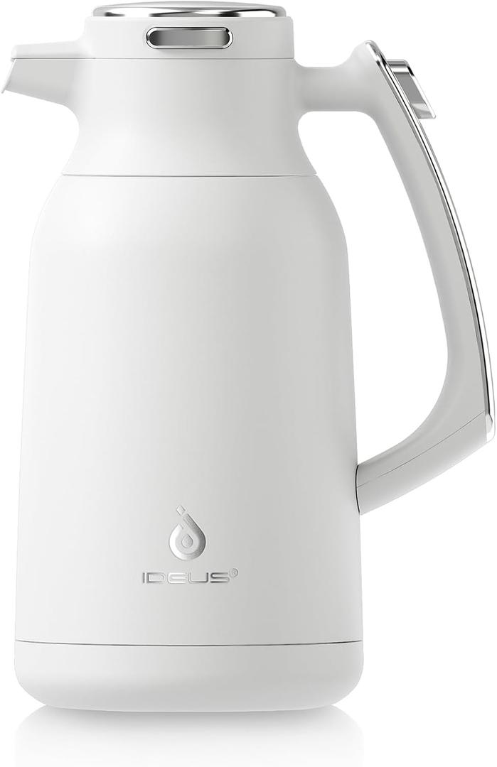 IDEUS Thermal Coffee Carafe 68oz (2,000ml), Stainless Steel Double Wall Insulated Vacuum Flask, Water Jug Coffee Server and Beverage Dispenser, Heat and Cold Retention (White-Silver, 68oz (2,000ml))