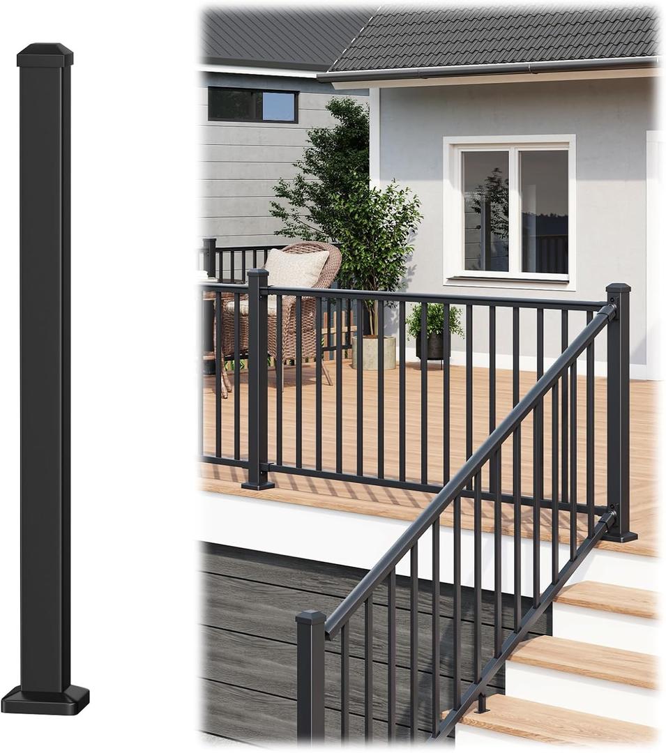 2.56 x 2.56 x 39 in. Porch and Deck Railing Post with Screw, Aluminum Deck Railing Post, Stair Post for Decks, Porches & Balconies, AAMA 2604 Textured Black Finish Metal Baluster for Outdoor AP36P