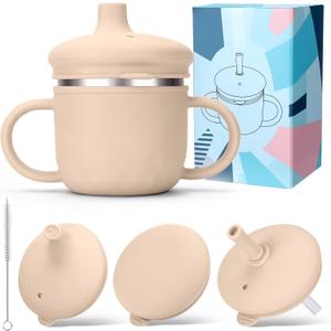 BUSOHA Stainless Steel Toddler Sippy Cup  8oz Spill-Proof Straw Cup for 6+ Month Babies & Toddlers, 3-in-1 Reusable Travel Cup with Brush  Dishwasher Safe, Kids Drinking Cup,Beige