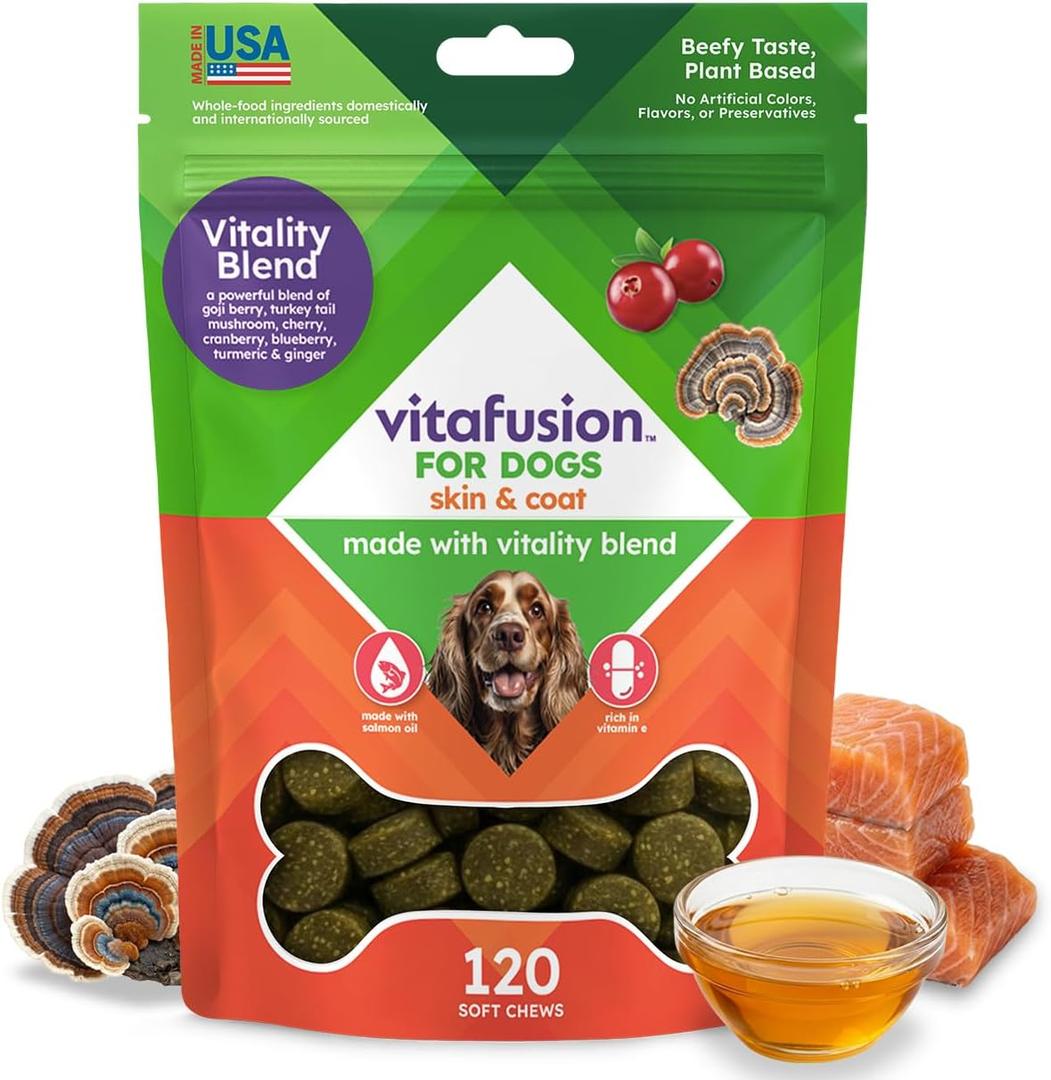 VitaFusion for Dogs Skin & Coat Supplement, Omega 3 Salmon Oil & Vitamin E Supports Healthy Skin, Shiny Coat & Moisture Balance, Vet Formulated 120 Chews, BB Date: 12/2027