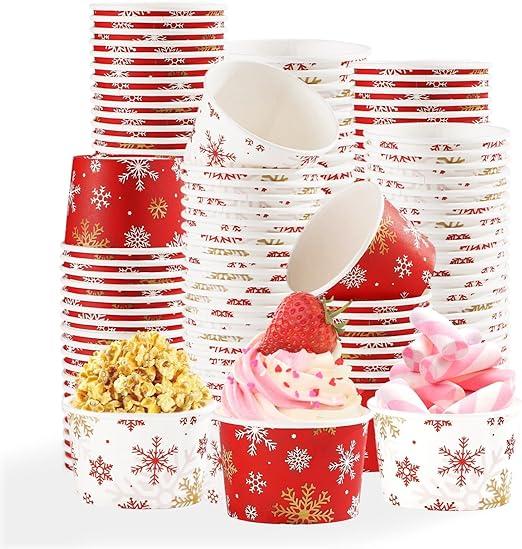 Grencian 120 PCS Winter Ice Cream Cups 12 oz Snowflake Snack Bowls Disposable New Year Bowls Red Snowflake Cup for Hot or Cold Food New Year Winter Holiday Xmas Party Supplies