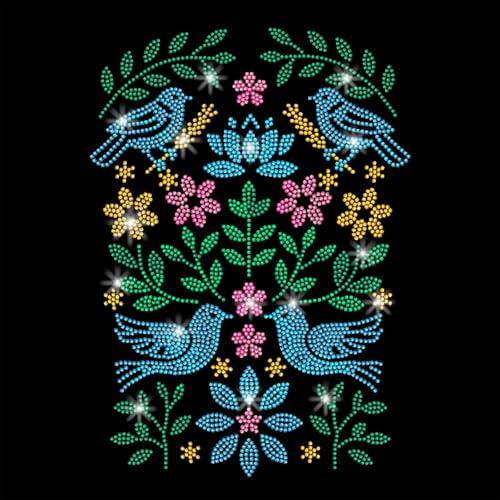 GOMAKERER 1 Pc Bird Folk Patterns Rhinestone Iron on Transfers, Leaf Hotfix Decoration Appliques Crystal Heat Transfer Decals Clothing Repair Patches for T-Shirt, Hat, DIY Accessories, 12 x 8 Inch