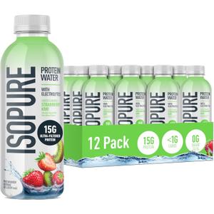 Isopure Clear Protein Water with Electrolytes, 15g Whey Protein Isolate, Zero Sugar, Strawberry Kiwi, 20 fl oz, 12-Pack (EXP 11/17/26)