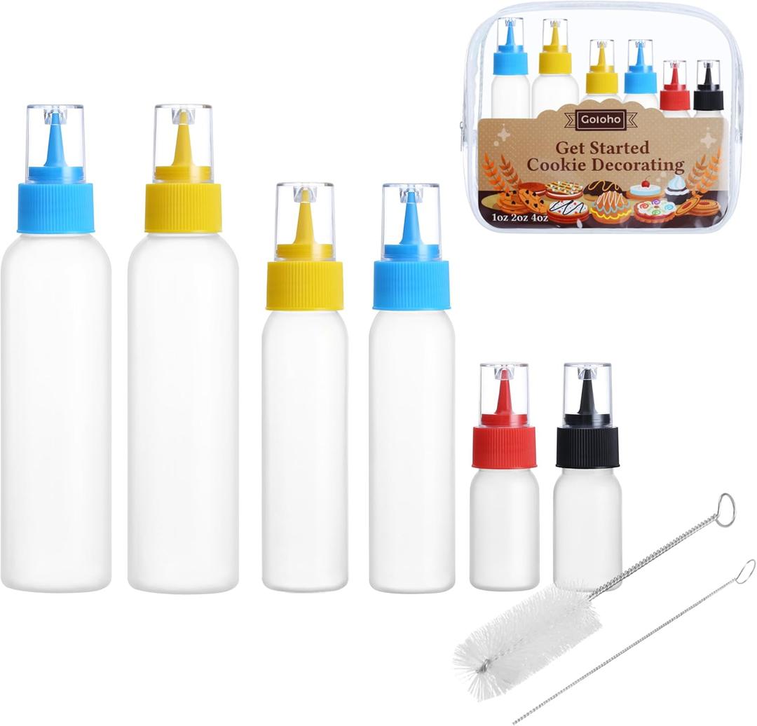 GOLOHO Cookie Icing Bottles, 6 Squeeze Applicator Bottles, 2 each (1, 2 and 4 ounces), Royal Icing Tools, Cake Sugar Cookie Decorating Supplies, Food Coloring, Frosting, Pancake Arts and Crafts Kit