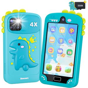 Kids Smart Phone for Boys with 4.0" Large Touchscreen, 32G Card for Age 3-10 Kids Toys Cell Phone with Holographic Pyramid, Toddler Learning Toy, Dual Lens, Music Player (Cyan-Blue)