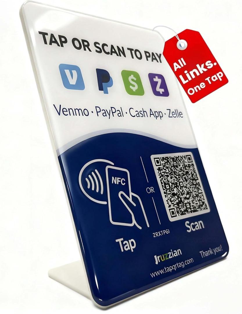 Pay Here Sign  Multi-Link NFC Tap & QR Scan to Pay Sign, Venmo, PayPal, Cash, Zelle, Cash App, NFC QR Code Acrylic Stand, Works Like Review Tap Card & Social Media Sign, No App or Fees, Easy Setup