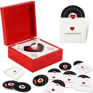 Romantic Wooden Love Note Record Player Box with 14 Vinyl-Style Message Cards & Spotify QR Codes Gift for Him Her, Anniversary Music Keepsake, Personalized Love Song Gift Box