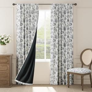 Jinchan Blackout Floral Curtains for Bedroom, 84 Inches Long Printed Flower Black Out Curtains, French Country Back Tab Window Treatment Farmhouse Drapes Set 2 Panels Black