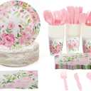 BLUE PANDA 144 Piece Vintage Style Tea Party Supplies, Includes Disposable Floral Paper Plates, Napkins, Cups, & Cutlery, For Baby Showers, Weddings, Garden Party & More - Serves 24