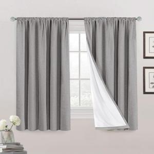 100% Blackout Curtains Primitive Linen Textured Curtain Drapes for Bedroom Full Light Blocking Window Curtains Draperies for Living Burlap Fabric Soft with White Liner (52"W x 63"L, Light Grey)