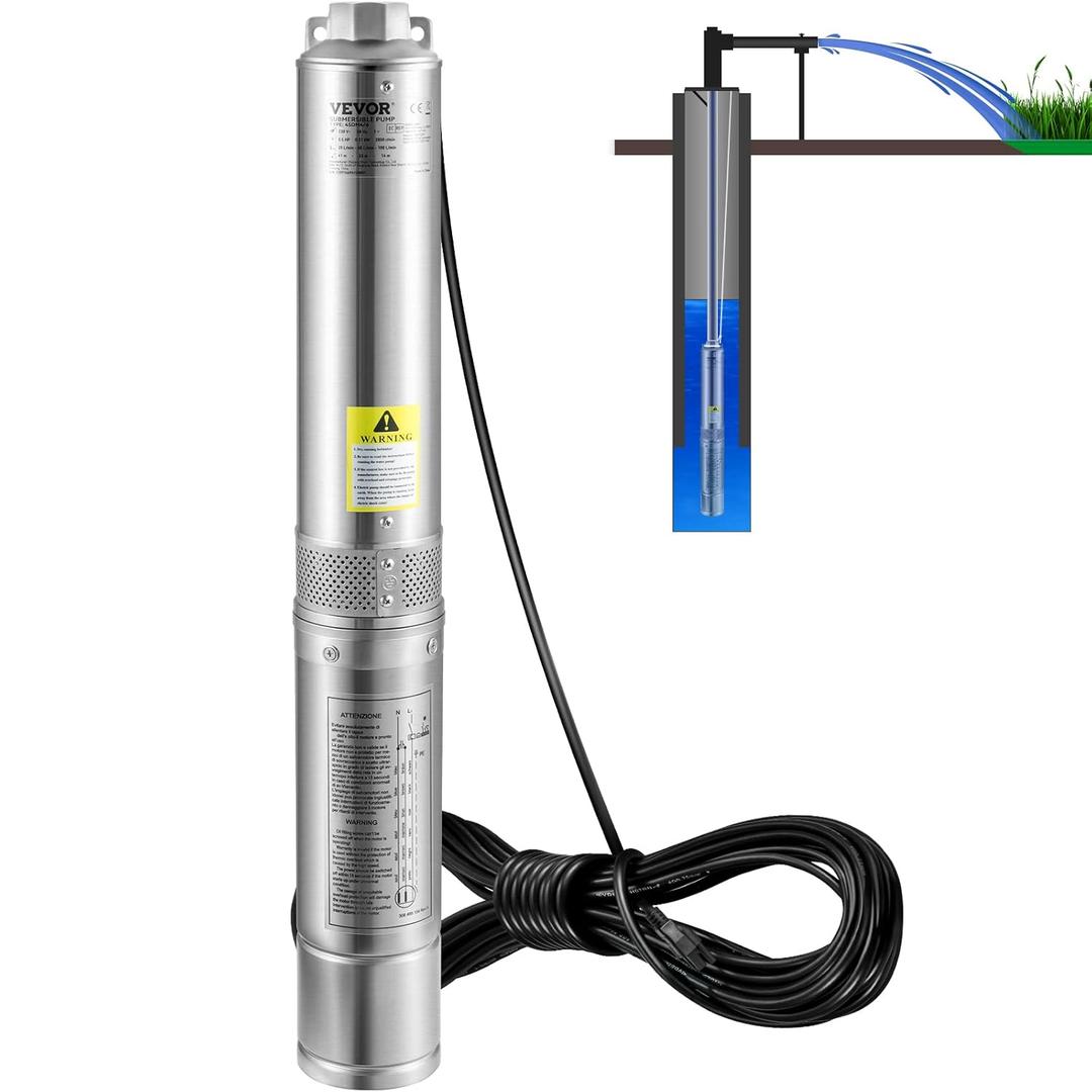 VEVOR Deep Well Submersible Pump, 0.5HP 115V/60Hz, 28gpm Flow 167ft Head, with 33ft Electric Cord, 4" Stainless Steel Water Pumps for Industrial, Irrigation&Home Use, IP68 Waterproof Grade