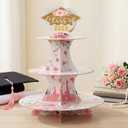 Tioncy 2 Set 3 Tier Floral Graduation Cupcake Stand for 24 Cupcakes Pink Gold Graduation Cap Decorations Cardboard Cake Dessert Holder Tower for Class of 2026 Congrats Grad Party Supplies