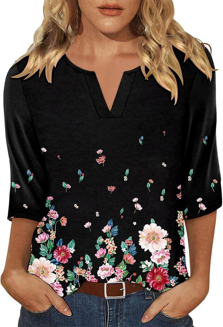 KISSMODA 3/4 Length Sleeve Shirts for Women Floral Business Shirts Tops Blouses Tops Loose Fit T-Shirts (Black, XXXL)