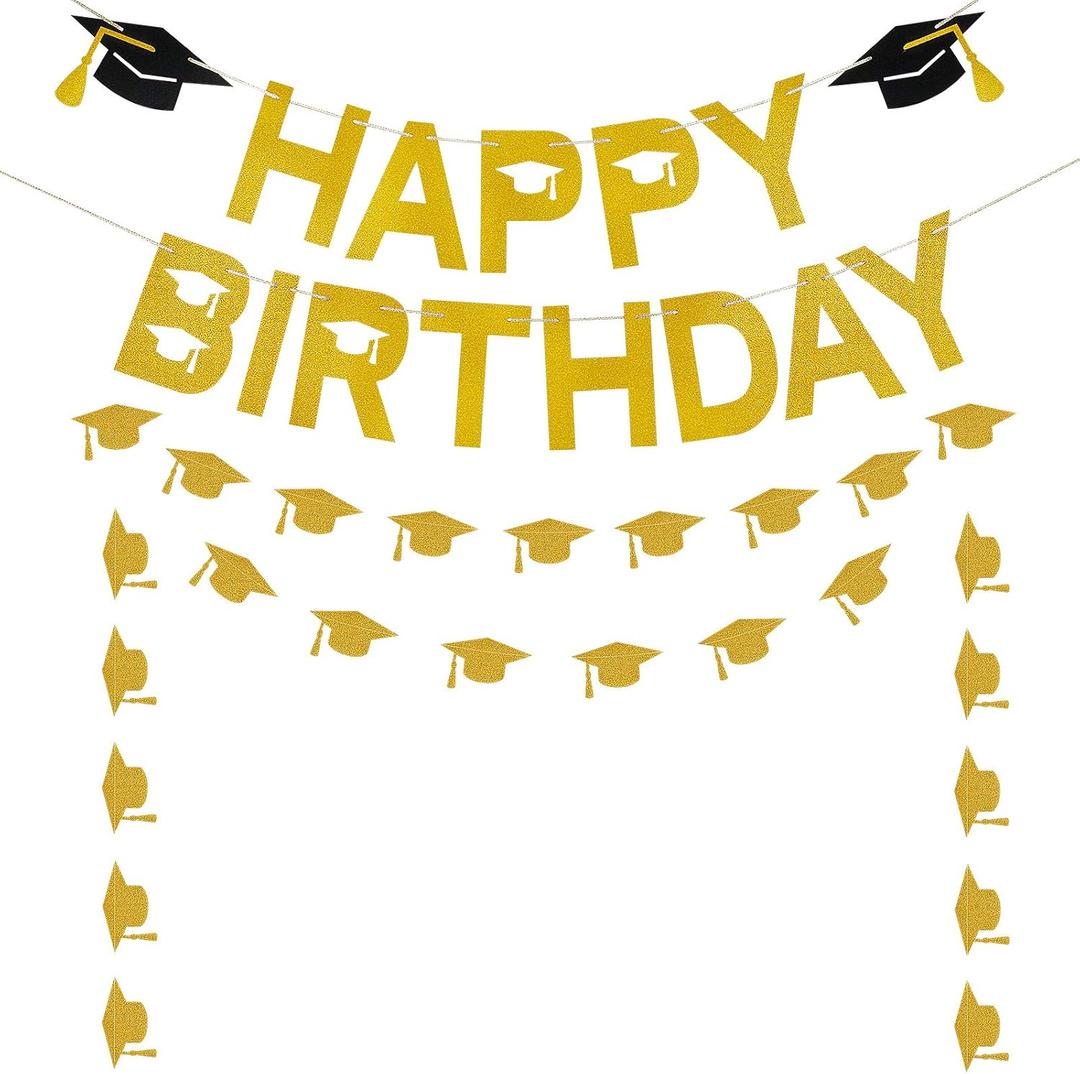 Gold Glitter Happy Birthday Graduation Banner, 2026 Graduation Birthday Banner Happy Birthday Graduation Party Decorations 2026 for 2026 Graduation Themed Birthday Party Decorations