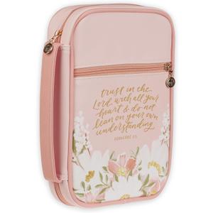 Christian Art Gifts Premium Vegan Leather Inspirational Bible Cover for Women: Trust in the Lord Encouraging Bible Verse, Easy Carry Zippered Case, Pen Loops, Pockets, Pink Multicolor Floral, Medium